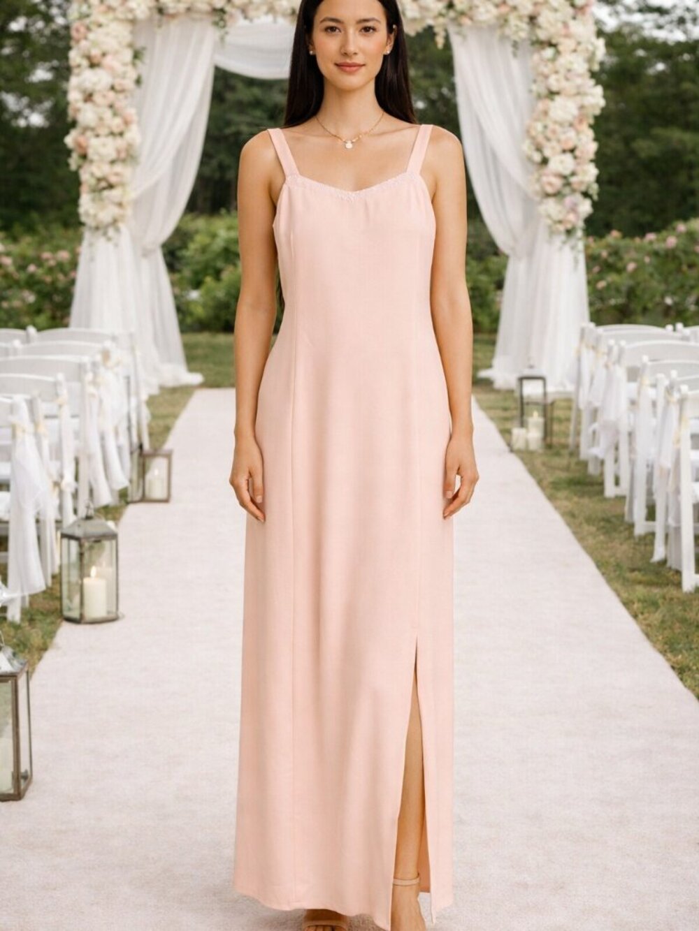 Strap Sleeve Beaded V Neckline Bottom Slit Soft Pink Wedding Prom Party Dress18